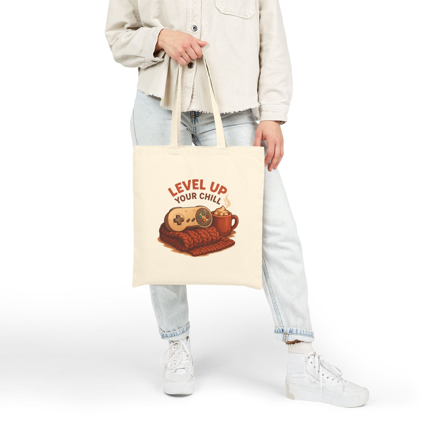 Level Up Your Chill Tote Bag — Gamer Cozy Coffee Canvas Tote