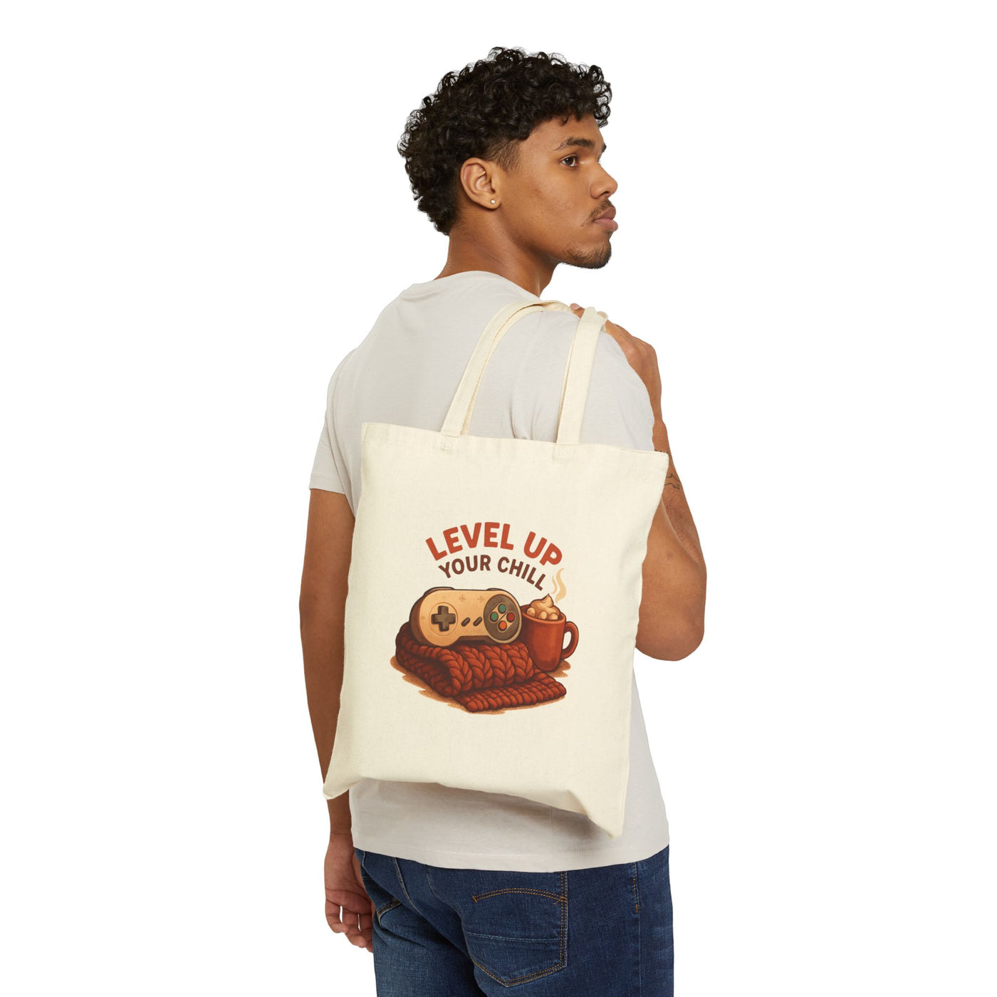 Level Up Your Chill Tote Bag — Gamer Cozy Coffee Canvas Tote