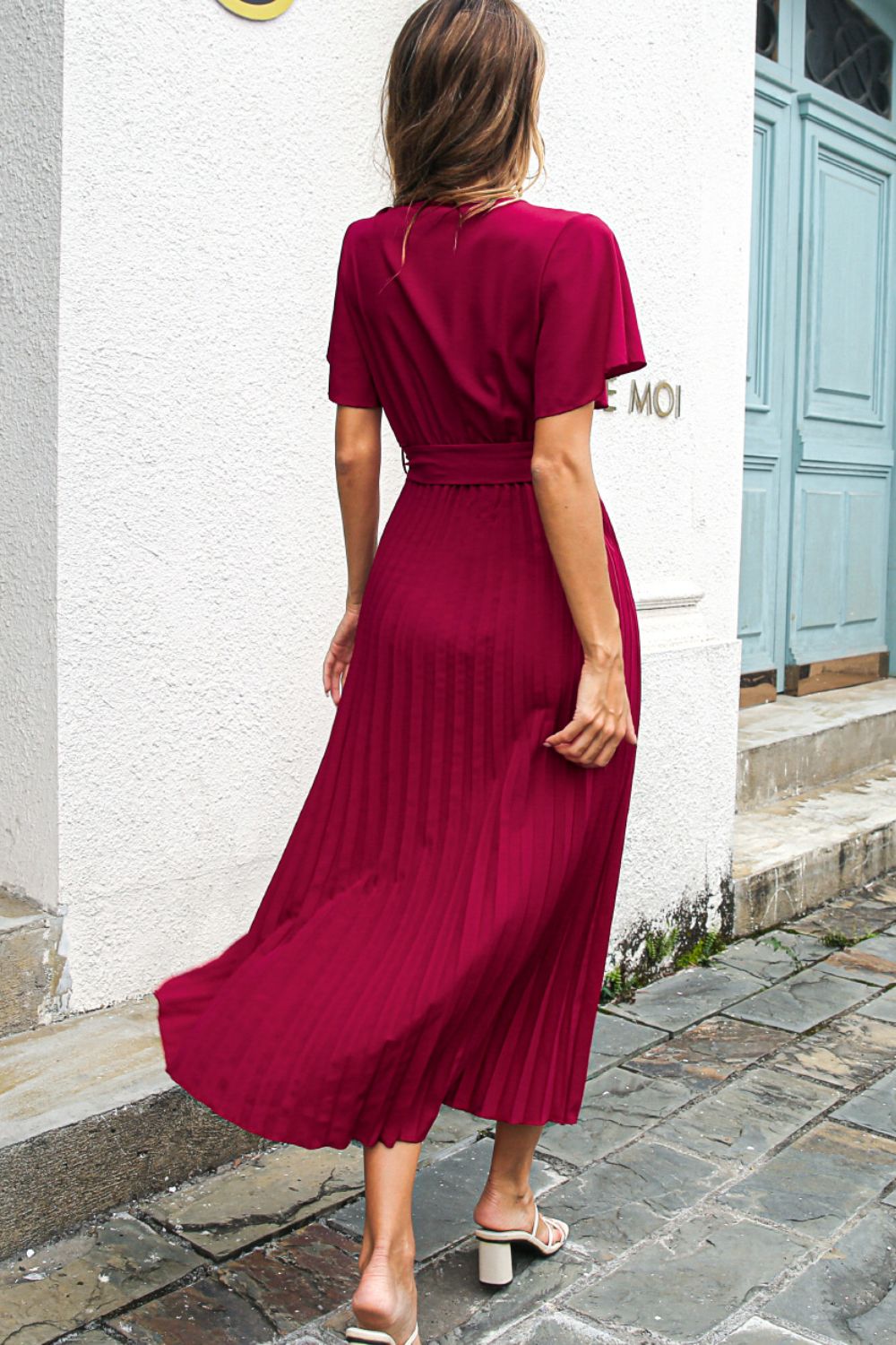 Flutter Sleeve Belted Surplice Midi Dress