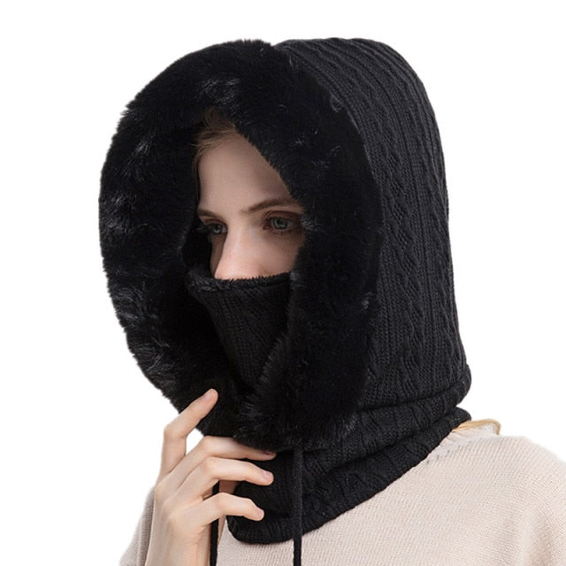 Winter Fur Cap Mask Sets Hooded for Women Knitted Warm Outdoor