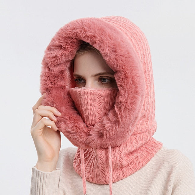 Winter Fur Cap Mask Sets Hooded for Women Knitted Warm Outdoor